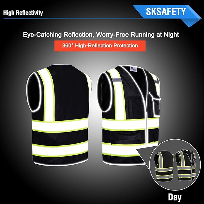 SKSAFETY 10 Pockets Safety Vest, Class 2 High Visibility Security with Zipper, Hi Vis Vest with Reflective Strips, ANSI/ISEA Standard, Construction Work Vest for Men ＆ Women （Black, 5XL）