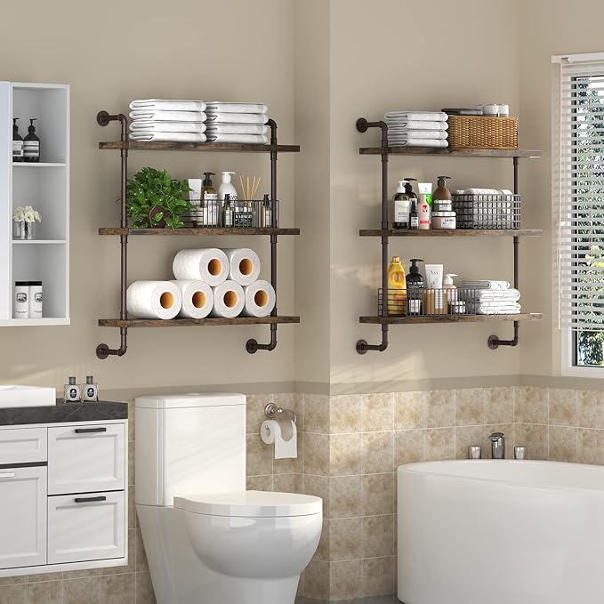 Industrial Pipe Shelf Wall Mounted, Rustic Wood Floating Shelves, 3 Tier Wall Display Bookshelf, Storage Rack Sundries Holder for Kitchen Office Bathroom Organization and Home Decor (24inch x 2)