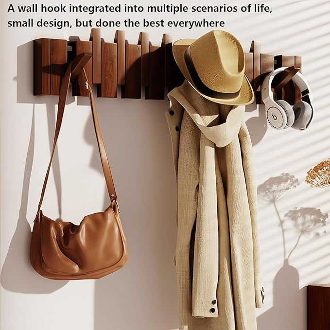 Wall Mounted Piano Key Hanger | Flip Style Hook | Entrance Wall Art Hook, Made of Oak Wood (3 Times Painted, 4 Times Polished) (Walnut, 8Hooks)