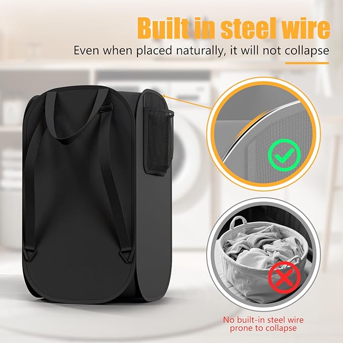 Collapsible Backpack Laundry Bag Made by Strong Polyester Oxford Cloth, 76L Heavy Duty Large Hamper with Adjustable Shoulder Strap, Foldable Basket with Mesh Pocket for College, Travel, Apartment
