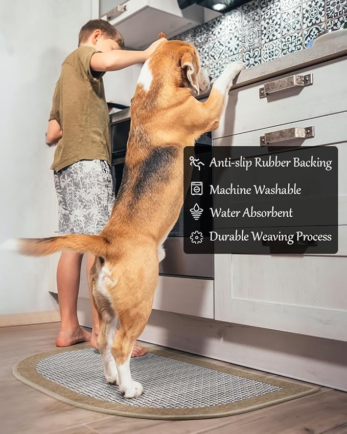 PADOOR Kitchen Mats for Floor, Kitchen Rugs Non Slip Washable, Half Circle Kitchen Floor Mat Sink Rug Rubber Backed Super Absorbent, 20”x32” Brown