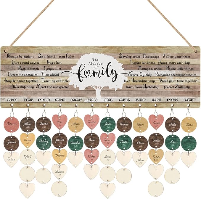 CHDITB Family Birthday Calendar with Tags, Vintage The Alphabet of Family Birthday Wall Hanging(16"x5"), Inspirational Quotes Wooden Birthday Reminder Tracker for Mothers Day Anniversary