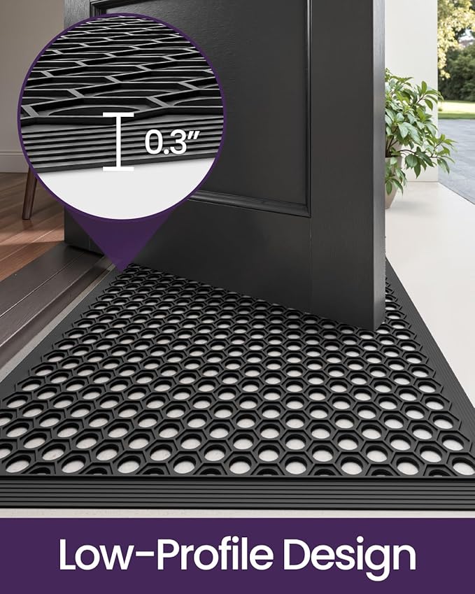 DEXI Front Door Mat 24x36, Non Slip Rubber Doormat Outside Entrance, Heavy Duty Waterproof Drainage Entry Mats, Low Profile Dirt Trapper for Patio Entryway, Black