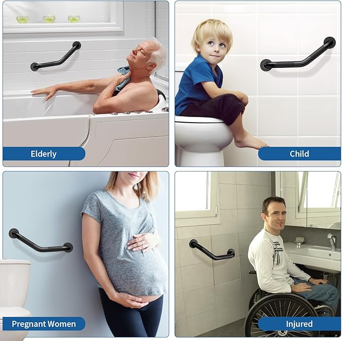 16 Inch Angled Shower Grab Bar Black, Munzong 2 Pack Anti Slip Bathroom Grab Bar, Knurled Bathroom Balance Bar,Safety Hand Rail Support Handicap Elderly Injury Senior Assist Bath Handle-1.25” Tube