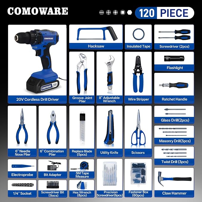 COMOWARE Household Tool Set with 20V Cordless Drill Driver, 120Pcs Hand Tool Kit for Men, Power Drill Set with Plastic Toolbox, Ideal for Office, Garden, DIY Project