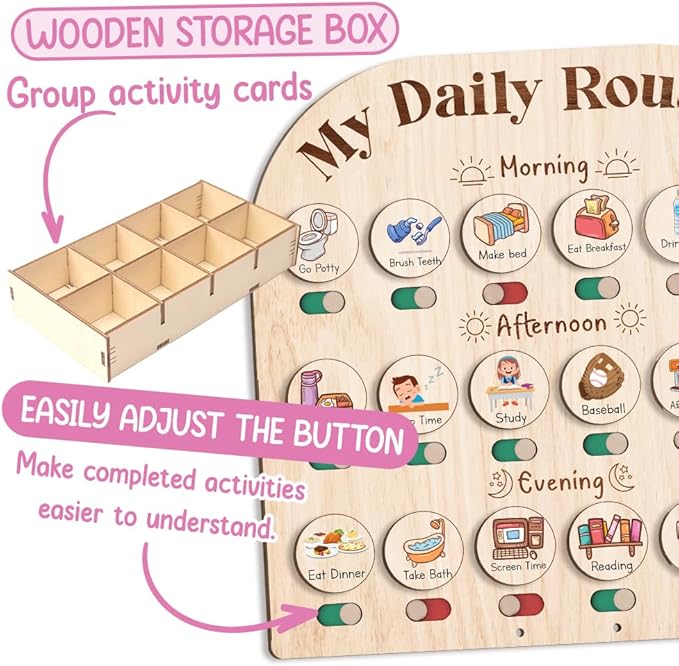 Wooden Daily Routine Chart with 30 Tokens Reward Jar, Toddler Reward System, Morning Bedtime Routine Chart, Toddler Charts for Behavior and Routines, Wooden Chore Chart for Kids