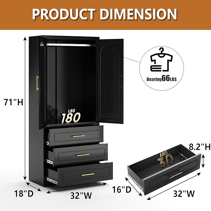 71" Tall Metal Armoire Wardrobe Closet witih Three Drawers, Large Wardrobe Cabinet with Hanging Rod, Clothing Storage Cabinet with Doors and Shelves for Bedroom, Black, Assemble Required