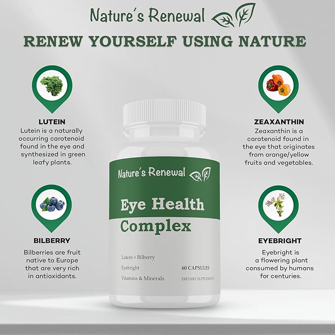 Nature's Renewal Eye Health Complex Supplement - Lutein, Zeaxanthin, Lycopene, Bilberry, Eyebright, Carotenoids, Macular Support Herbs, Sight Care Vitamins, Vision Antioxidants - 60 Capsules