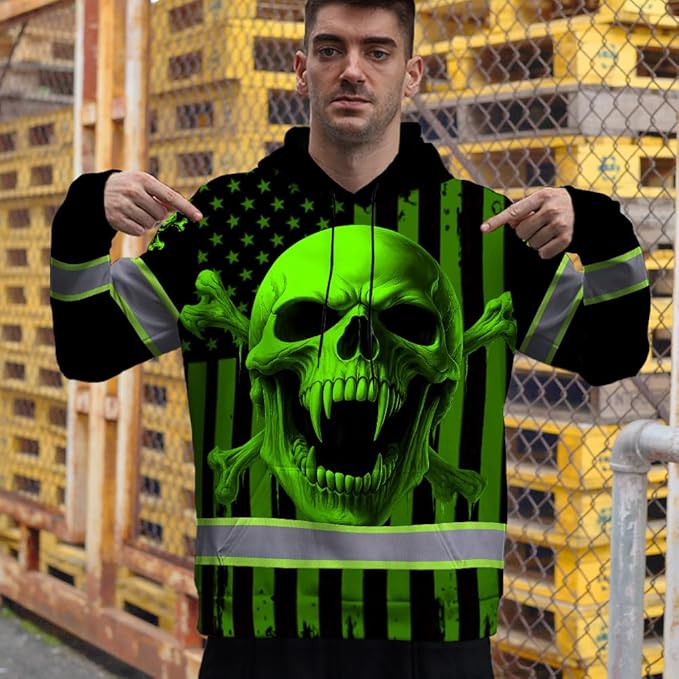 Matedecor Skull US Flag Reflective High Visibility Hoodie For Men Construction Hi Vis Safety Workwear Custom Name
