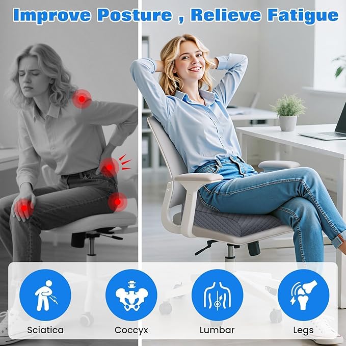 Seat Cushion, Memory Foam Chair Pad, Non-Slip Cushion for Office, Home, Car, Large Desk Chair Cushion, Washable Cover & Handle, Large, Grey
