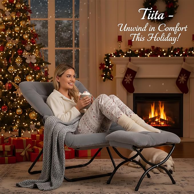 Tiita Folded Chair with Ottoman, Soft Faux Fur Oversized Folding Accent Chair,Lounge Lazy Chair, Metal Frame Moon Chair for Bedroom, Living Room, Dorm Rooms, Garden and Courtyard