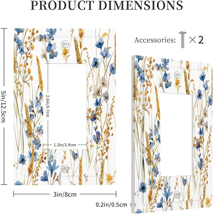 Vintage Wildflower Blue Gold Country Fall Wheat Floral Decorative Outlet Covers 1 Gang Single Rocker Light Switch Cover Plate Wall Plates GFCI Faceplate for Bedroom Living Room Decor