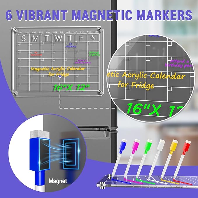 3 Pack Magnetic Acrylic Dry Erase Boards for Fridge – Monthly Calendar, Weekly Planner, to-Do List, Clear Reusable Whiteboard Set with 6 Color Markers for Refrigerator Organization