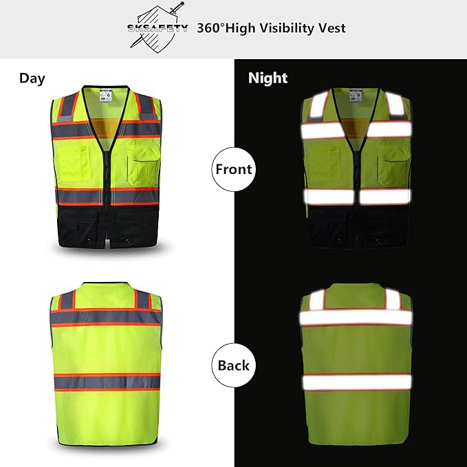 SKSAFETY 10 Pockets Professional level Safety Vest, Class 2 High Visibility Security Vest with Zipper, Hi Vis Vest with Reflective Strips, ANSI/ISEA Standard, Construction Work Vest（Lime Black, 3XL）
