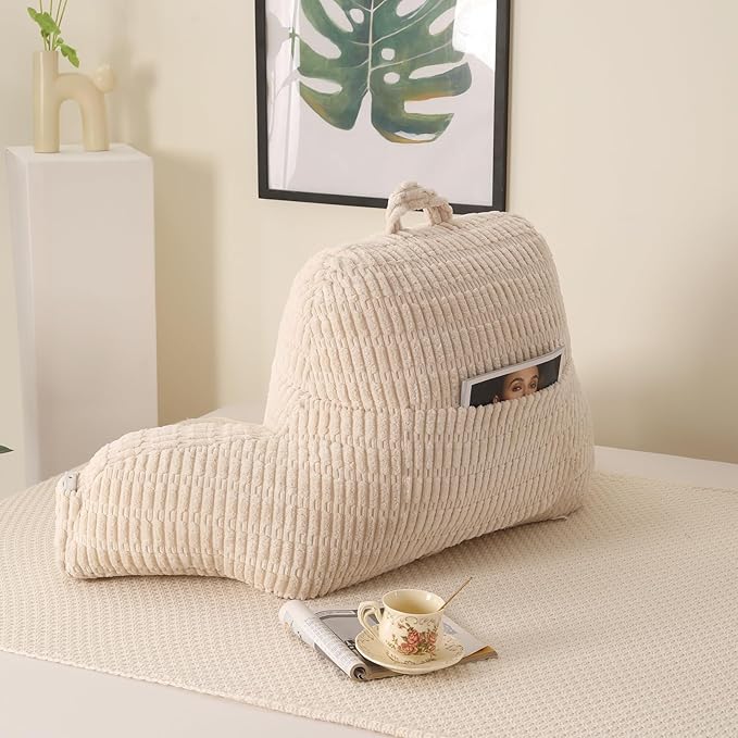 Reading Pillow for Sitting in Bed, Large Backrest Reading Pillow with Arm Rest,Back-Rest Support Cushion for Sit Up on Couch, Sofa, and Floor, Dorm Essentials (Cream Corduroy, Standard(17"))