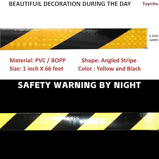 Yellow Black Reflective Tape Outdoor Waterproof 1 inch X 66 feet, High Visibility Hazard Conspicuity Safety Industrial Marking Tape