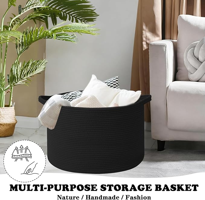 Large Storage Basket with Handle,23.6" x 23.6" x 15.7" Blanket Basket Storage Bins for Organizing,65L Cotton Rope Woven Baskets for Living Room, Nursery,Bedroom,Black