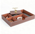 Jewelry Trays Nightstand Organizer, Valet Tray for Men and Women, Tray Organizer,Can hold Mobile phones, watches, cosmetics, keys. Dark Brown Faux Leather, 5 Compartment