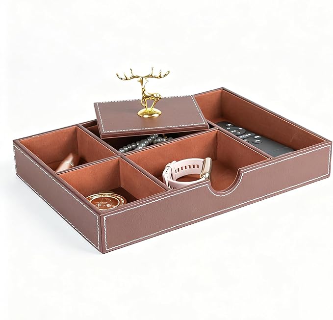Jewelry Trays Nightstand Organizer, Valet Tray for Men and Women, Tray Organizer,Can hold Mobile phones, watches, cosmetics, keys. Dark Brown Faux Leather, 5 Compartment