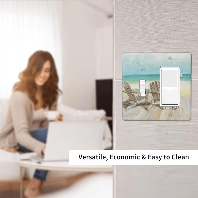 Light Switch Cover Beach Beach Chair Seascape Blue Ocean 2 Gang Toggle Rocker Combo Wall Plates Modern Coastal Decorative Switch Plates and Outlet Covers Receptacle Cover for Bathroom Bedroom
