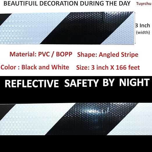 Black White Reflective Tape Outdoor Waterproof 3 inch X 166 feet, High Visibility Hazard Conspicuity Safety Industrial Marking Tape