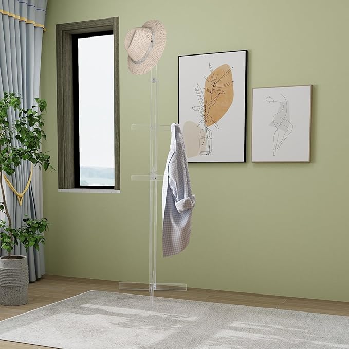 Acrylic Coat Rack with 10 Hooks Freestanding Modern Coat Hanger Stand with Anti-slip Strips Hall Tree for Clothes Handbags Hats Scarves in Entryway Office Bedroom Hallway