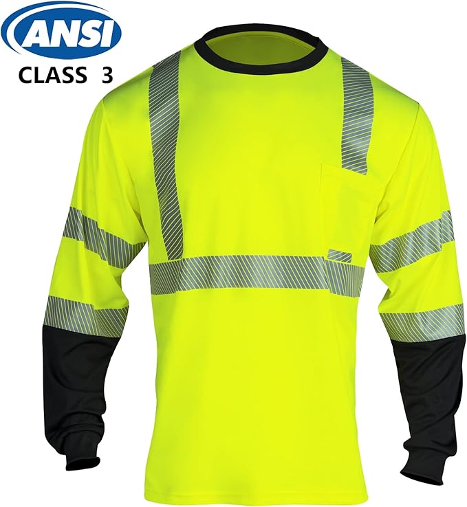 VENDACE Safety Reflective Hi Vis Long Sleeve Shirts for Men ANSI Class 3 High Visibility Construction Work T Shirts (Yellow,L)