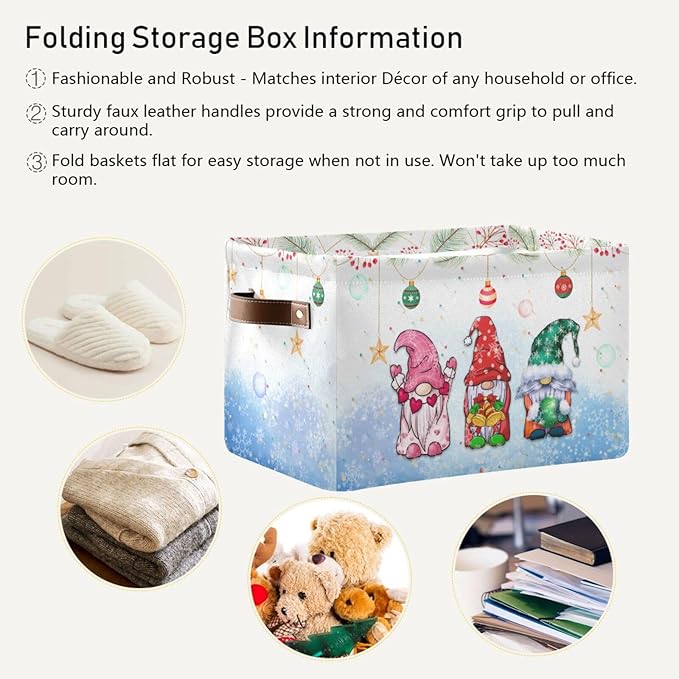 Storage Basket Gnomes Christmas Cube Storage Bins Organizer Bag Collapsible Closet Shelf Baskets with handle for Cloth Book 14.2×10.2×8.3 IN