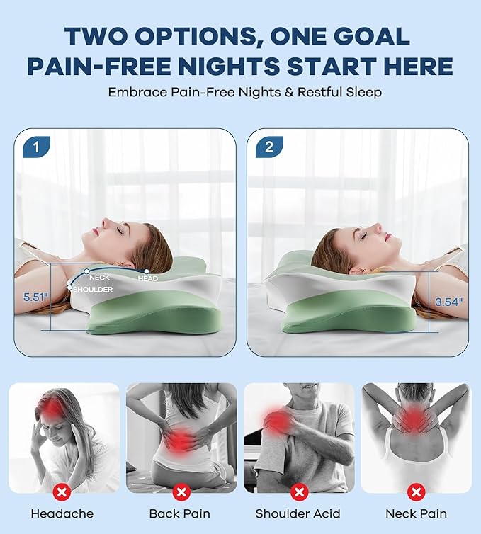 Cervical Pillow for Neck Pain Relief, Cooling Ergonomic Memory Foam Pillow with Ice Silk Pillowcase, Dual-Height Orthopedic Contour Support Pillow for Side,Back,Stomach Sleepers, CertiPUR-US Certified