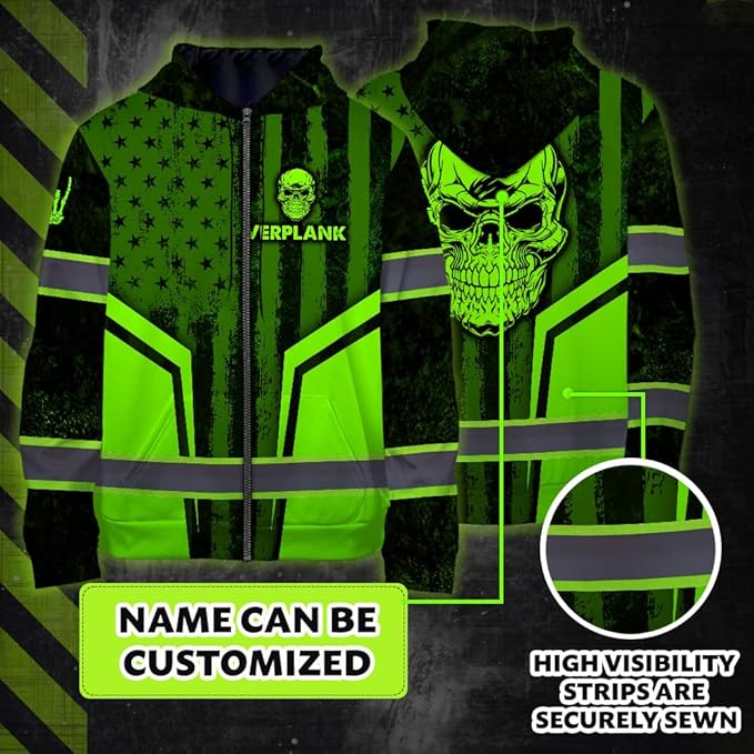 Maddly Hi Vis Reflective Zip Up Hoodie, High Visibility Safety Jacket with Skull Design for runner, worker, trucker, cyclist
