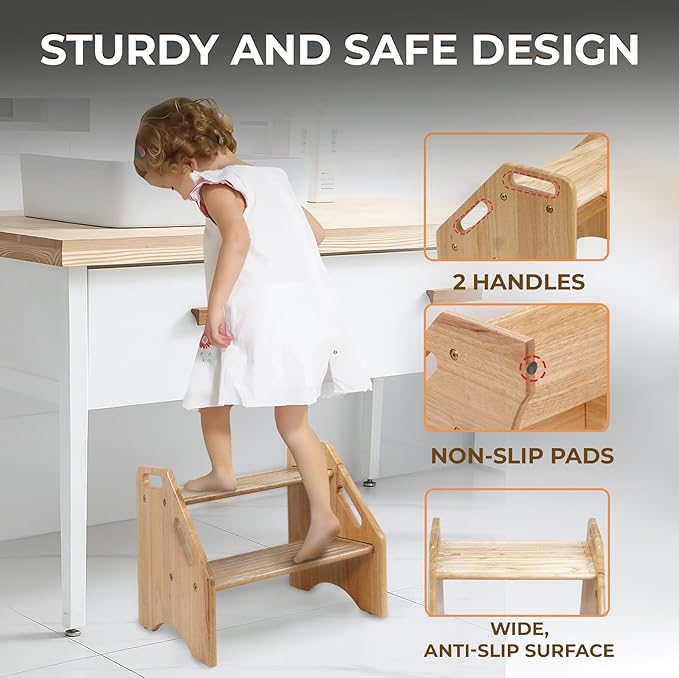 Wooden Step Stool for Toddlers and Adults, 300 lbs Capacity, Two Tier Bathroom Stool with Handles, Lightweight Non-Slip Pads, for Toilet, Sink or Kitchen Use