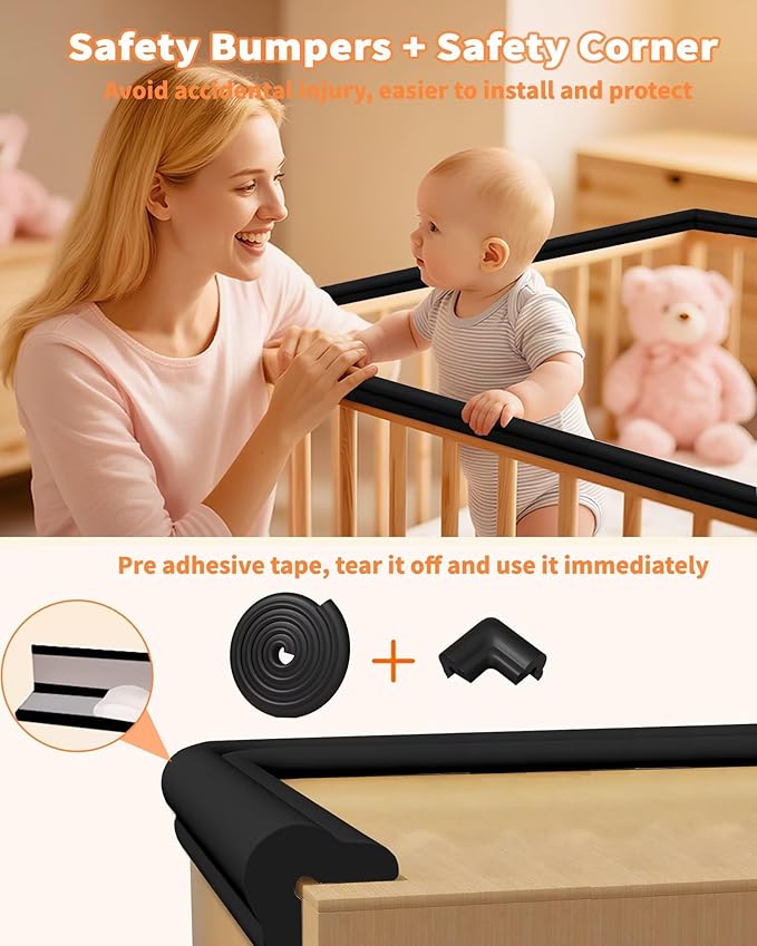 Edge Protector for Baby Proofing, 6.6FT 0.67’’Th L-Shape Air Buffering Soft NBR Rubber Foam Furniture Edge Bumper Guards with 6 Corners, Pre-Taped, Thick Table Bumper Guard for Babies (Black)