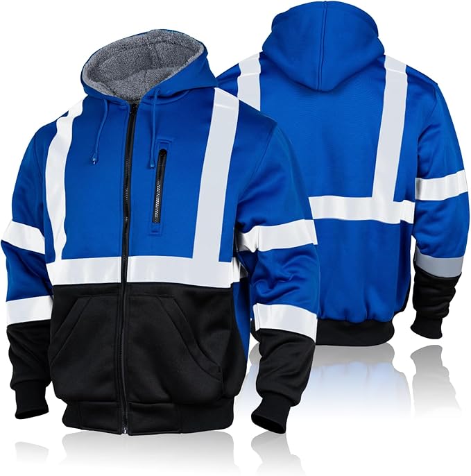 FONIRRA Men's High Visibility Safety ANSI Class 3 Lined Fleece Hoodie Sweatshirt with Black Bottom Jumper Workwear for Men(Blue,5XL)