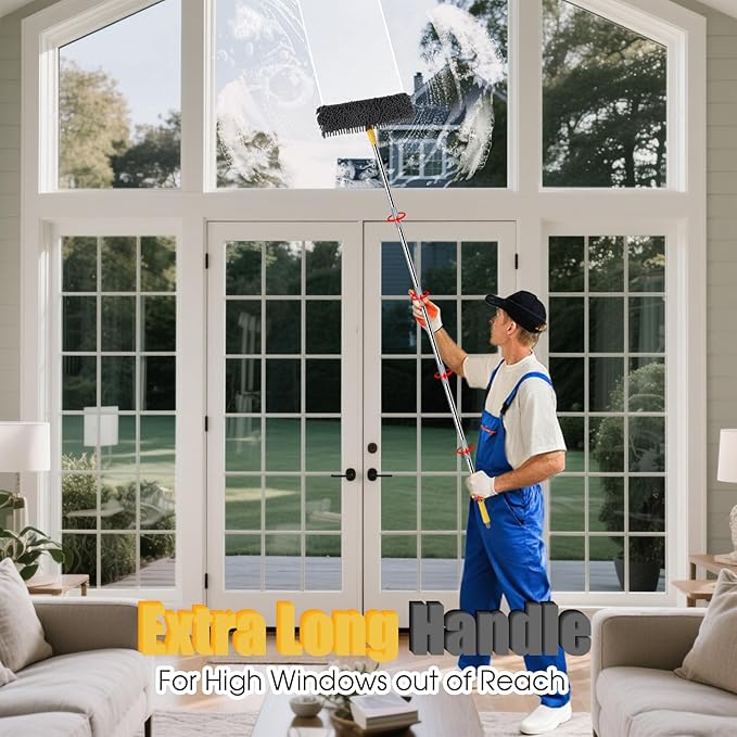 96" Long Handle Window Wall Cleaner Tool with Extension Pole,2 in 1 Large Window Squeegee with Cleaning Mop Tools Kit for Window/Wall/Baseboard/Floors Clean/Solar Panel Washer