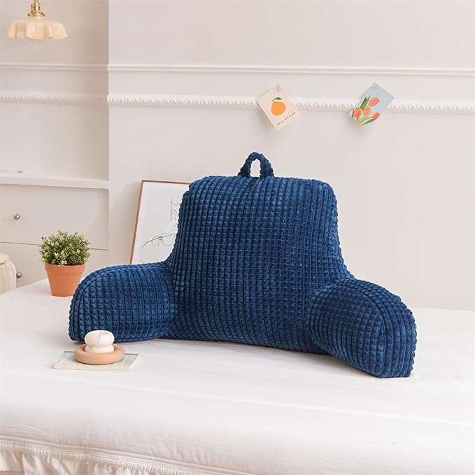 Holawakaka Reading Pillow for Bed and Sofa Couch Sitting Up, Backrest Pillows with Arms for Kids Teens Adults, Back Support Cushion for Lounging, Watching TV, Working on Laptop, Navy Blue