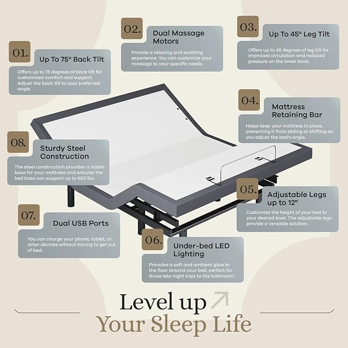 Sven & Son Classic Adjustable Bed Base, Head and Foot Lift, Massage, Under-Bed Lights, USB, Gel Memory, Zero Gravity Smart Frame - Full + 12 inch Memory Foam Matt (Medium)