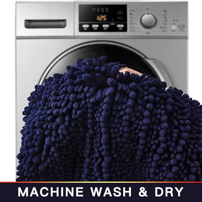 Walensee Bathroom Rug Non Slip Bath Mat (24x17 Inch Navy) Water Absorbent Super Soft Shaggy Chenille Machine Washable Dry Extra Thick Perfect Absorbant Best Small Plush Carpet for Shower Floor