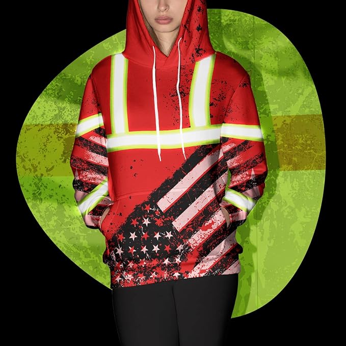 US Flag High Visibility Hoodie for Men Reflective Hoodie Safety Workwear for Worker Runner Patriotic ACC02