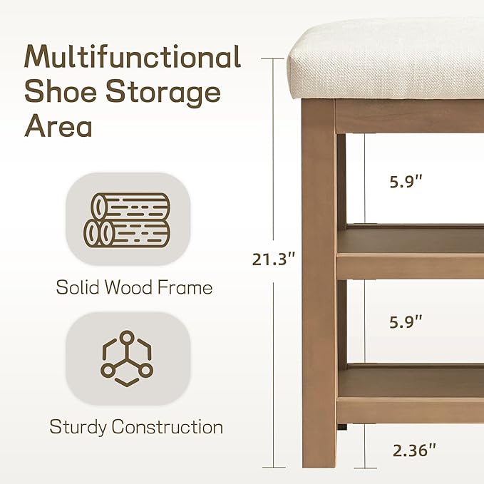 2 Tier Shoe Rack Bench with Cushion, Solid Wood Shoe Benches, Mid-Century Modern Shoe Storage Bench for Entryway, Hallway, Living Room, Closet, Front Door Entrance, (Beige, 46.5")