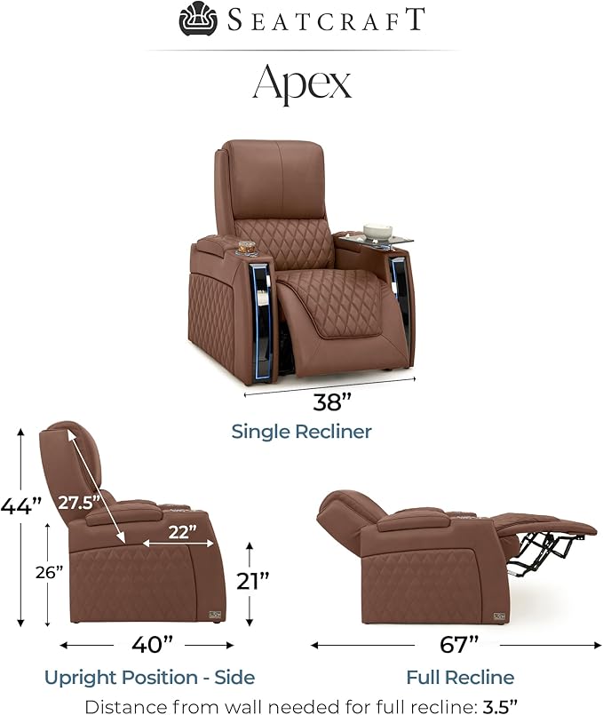 Seatcraft Apex Zero-Gravity CoolZero Italian Leather Home Theater Seating, Powered Headrest, Powered Lumbar, Powered Recline, Single Recliner, Tobacco
