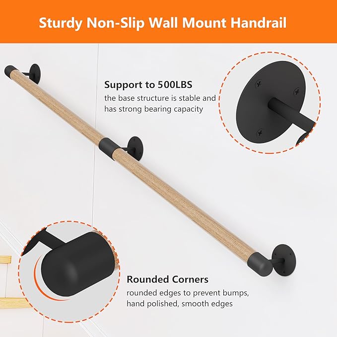 3FT Round Wooden Stair Handrail,Indoor Staircase Handrail,Wall Mount Support Stair Railings, Non-Slip Safety Corridor,Lofts,Patio,Guardrail,Home Wood Hand Railings for Elderly,Children,Disable People