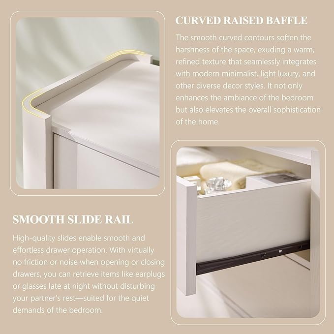 23.6" Tall Modern Nightstand with Charging Station, 22" Wide Curved Bedside Table with 1 Storage Drawer, Wooden Night Stand, Large End Table for Bedroom, Living Room, White