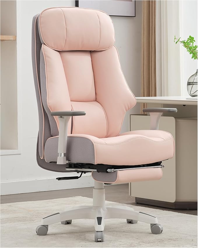 DJ·Wang Big and Tall Office Chair 400lbs with Foot Rest, High Back Executive Office Chair with Extra-Thick Spring Cushion, Ergonomic Leather Chairs Pink