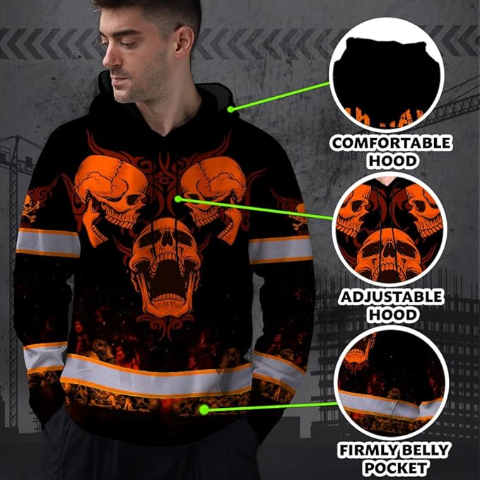 Matedecor Skull US Flag Reflective High Visibility Hoodie For Men Construction Hi Vis Safety Workwear Custom Name