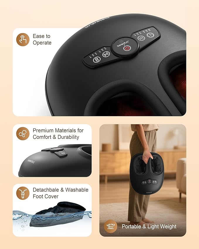 Beleduc Foot Massager with Heat and Compression, Deep Kneading Shiatsu Foot Massager for Plantar Fasciitis & Neuropathy, 3 Intensities, Washable Covers, Fits Up to Men Size 14