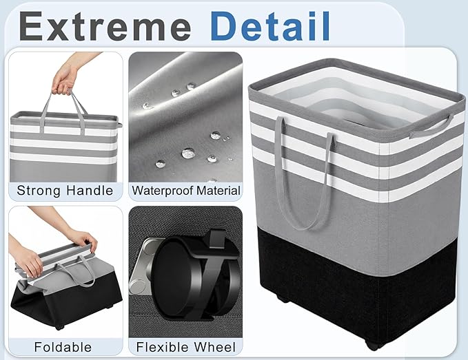 Wakefit 105L Large Laundry Basket, Laundry Hamper with 4 Wheels, Collapsible Waterproof Clothes Basket, Freestanding Hamper with Handles for Bedroom, Bathroom, Laundry Room (Gray - L)