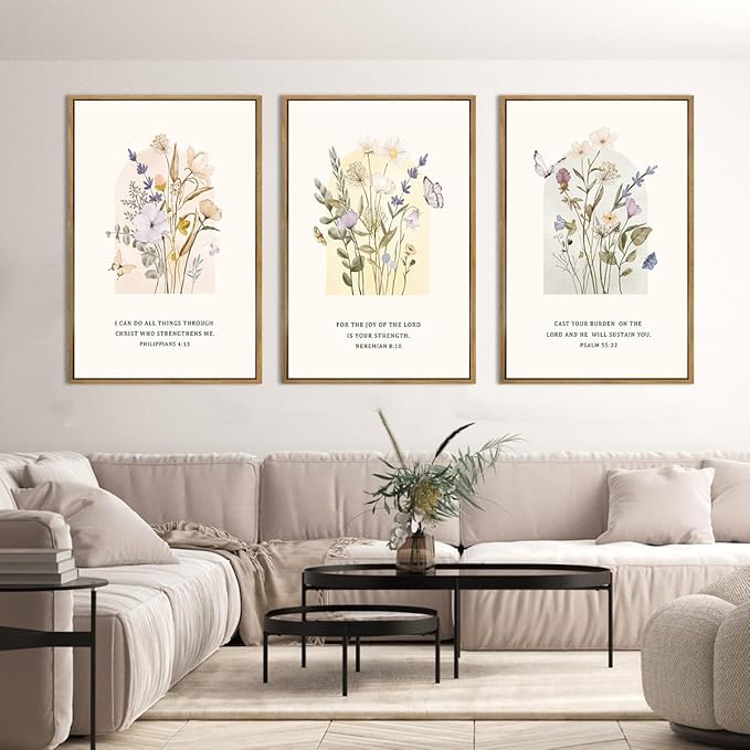 IARTTOP Extra Large Christian Floral Wall Art Framed 24x36 Inch Bible Verse Scripture Art Prints Minimalist Botanical Wildflower Religious Canvas Wall Decor for Living room Bedroom Set of 3