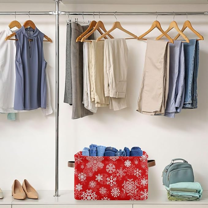 Christmas White Snowflakes on Red Storage Basket Cube Storage Bins Organizer Bag Collapsible Closet Shelf Baskets with handle for Cloth Book 14.2×10.2×8.3 IN