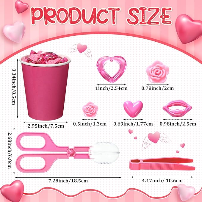 230 Pcs Valentine Fine Motor Skills Sensory Bin Filler Includes 5 Style 214 Acrylic Gems 4 Tweezers 2 Scissors Clips 10 Cups for Early Education Sorting Counting Training Development
