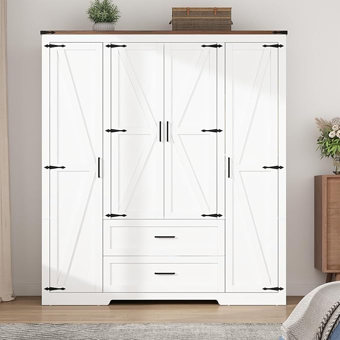 4 Doors Wardrobe Armoire Closet with Doors and Drawers, Farmhouse Wooden Armoire Storage Cabinet with Shelves & Hanging Rod for Bedroom, White
